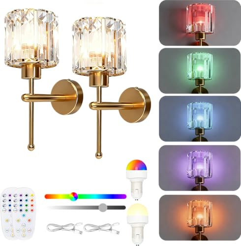 GALAKSIOZ Battery Operated Wall Sconce Set of Two,Crystal Rechargeable Wall Lamp with Remote Control&15 RGB Colors-3 Color Temperatures, Dimmable Wireless Wall Lights for Bedroom Bathroom Living Room