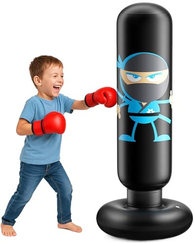 Boxningssäck för barn, ninjadesign, 163 cm, uppblåsbar boxningssäck för barn, snabb hoppande boxset för Karate Taekwondo leksak för pojkar och flickor 3–12 år (svart)