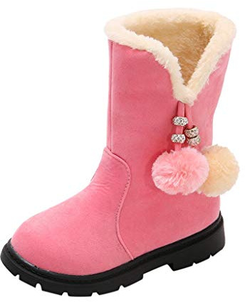 Generiska flickstövlar vinter termostövlar med hårbollar söta barnstövlar vinterplysch fodrade termostövlar mode eleganta vinterstövlar profilsula halkfria snöstövlar, ROSA, 35 EU
