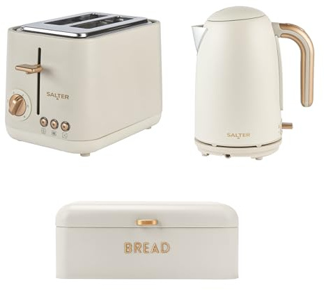 Salter Pebble 3-Piece Breakfast Set – 1.7L Rapid Boil Electric Kettle, 2-Slice Wide Slot Toaster with 6 Browning Levels, and Large Storage Container for up to 2 Loaves, Stone | 1.7L rapid boil, 3kW power, 2-slice wide slots, 6 browning levels, defrost/reheat/cancel, removable crumb tray, 360 base