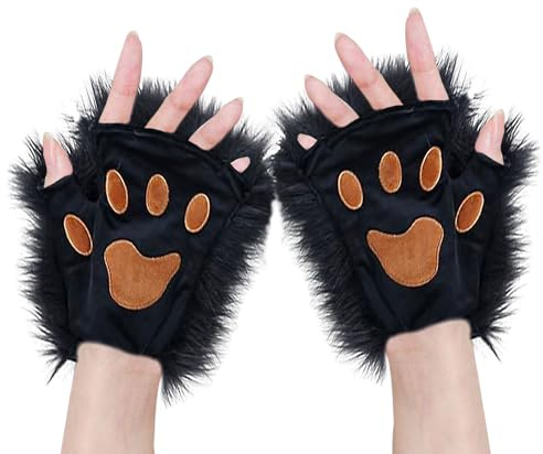 Gants de Chat, Gants Sans Doigts Femme, Gloves Forme de Pattes de Chat, Mitaines Femme Homme, Sans Doigts Mitaine,Gloves Noir Hiver, Accessoires pour Cosplay, Halloween et Carnavals