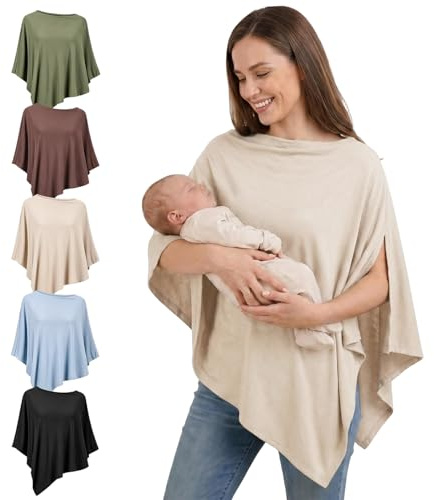 Fiohiros Cape d'Allaitement, Couverture d'Allaitement en Modal Doux pour Maman, Couverture Intime 360° Respirante et Multifonctionnelle, Style Poncho pour Poussette, Siège Auto ou Écharpe (Beige)