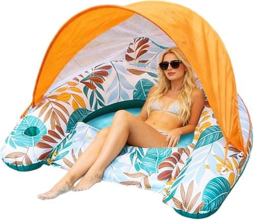 Bouée Piscine Adulte, Géant Matelas Gonflable Piscine avec Auvent de Protection, Hamac d'eau 4 en 1 pour Adultes, Fauteuil Flottant avec Dossiers Confort, Oreiller et Porte-gobelet (A)