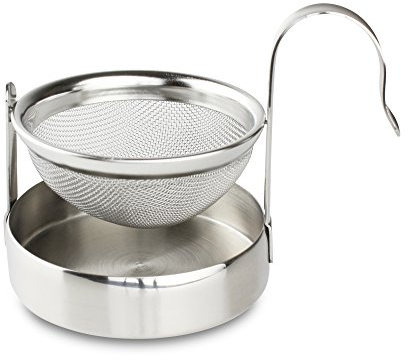 Café Olé Carded Mesh Tea Infuser/Strainer with Drip Bowl Caddy, Stainless Steel, 8.5 x 5.7 x 6.2 cm