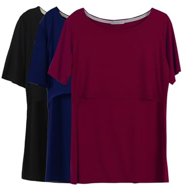 Smallshow Stillshirt Umstandstop T-Shirt Überlagertes Design Umstandsshirt Schwangerschaft Kleidung Mutterschafts Kurzarm Shirt,Black/Navy/Wine,XL