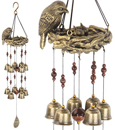 Gardenvy Bird Nest Wind Chime, Bird Bells Chimes with 12 Wind Bells for Glory Mother’s Love Gift, Garden Backyard Church Hanging Decor, Bronze