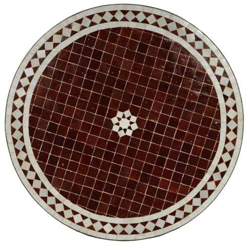 Medelhavsträdgårdsbord marockanskt mosaikbord M60-15 Bordeaux & White | 60 cm diameter med järnram | Handgjord i Marrakesh | Dekorativt balkongbord, sidobord eller bistrobord | MT2040