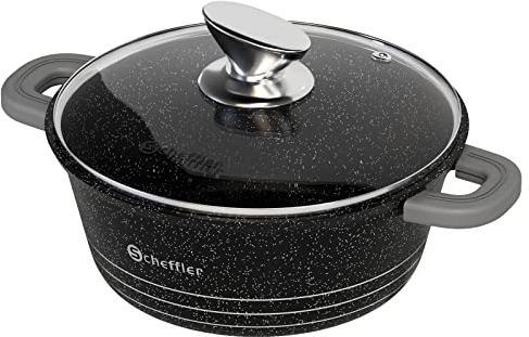 Topf Scheffler Kochtopf 28cm 6L mit Glasdeckel, Schmortopf mit Antihaftbeschichtung, Bratentopf Induktion, Aluguss,2 Silikon Griffschutz, Spülmaschinengeeignet, für alle Herdarten Schwarz (28cm)