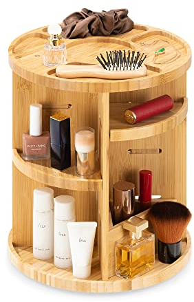 Navaris Make Up Organizer 360° drehbar - Aufbewahrung für Kosmetik Parfüm - drehbarer Schminke Ständer aus Bambus - 25x30,5cm Badezimmer Deko - Make-up Regal hellbraun