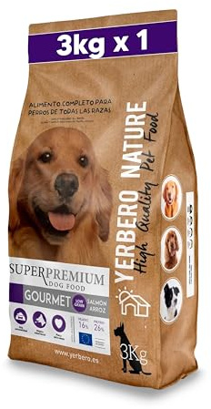 Yerbero Nature Gourmet, Pienso Hipoalergénico para Perros, Alimento de Salmón, Sin Pollo, con Arroz, Sin Gluten, Low Grain 3 Kilos