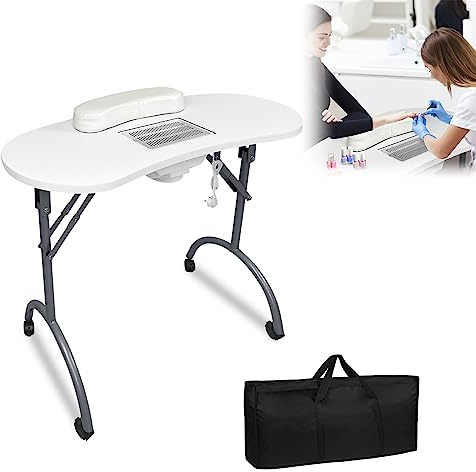LARS360 Table de manucure avec aspiration, pliable, table de manucure, portable, avec roulettes, sac à poussière, sac de transport (blanc)