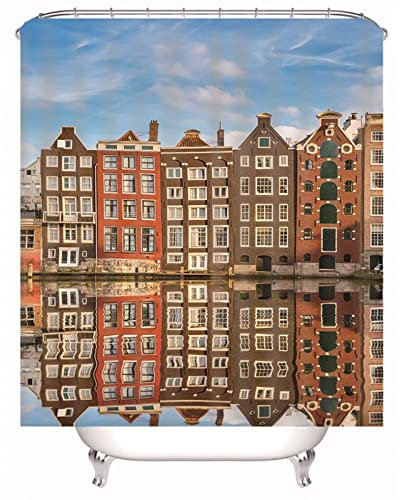 Whoiy Duschvorhang 180X180 Retro, Shower Curtains Waterproof Polyester Duschvorhänge Gebäude und Ihre Reflexion Bunt für Outdoor Hotel