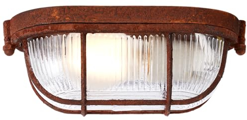 Lightbox Wand- und Deckenlampe | 9 x 21 x 11 cm | Vintage Wand- & Deckenleuchte mit Glas Abdeckung & Metall Gitter | E27 Fassung | aus Metall/Glas in Rostfarben