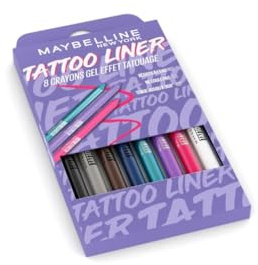 Maybelline New York coffret Tattoo Liner Crayon Gel Yeux Waterproof 36h | 8 Teintes, Effet tatouage longue tenue, Ultra saturé en pigments, Intensité colorielle 36h, Test consommateur 100 femmes