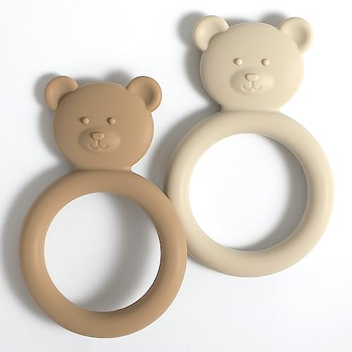 meanus Beißringe für Babys, Bärenförmig Beißring Spielzeug aus Silikon, BPA-frei (Sand+Light Grey)