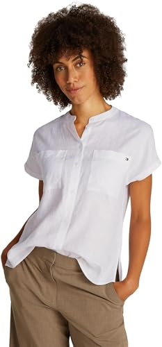 Tommy Hilfiger Donna Blusa Linen Collarless Maniche Corte, Bianco (TH Optic White), 46