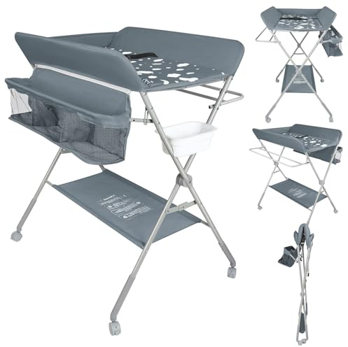 OHMG Baby Wickelkombi Klappbare Wickelkommode,Wickeltisch mit Rollen,Mobiler Wickeltisch mit Wickelauflage,Sicherheitsgurt und Ablagefächern,Wasserdicht und Höhenverstellbar,Stabil