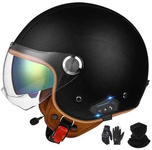 Casque Jet Moto Bluetooth en Cuir avec Double Pare-Soleil pour Scooter - Certification ECE pour Adultes Hommes Femmes D-2, XL (60-62 cm)