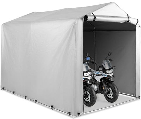 GiantexUK 7x5.2FT Garden Storage Shed, Waterproof Bike Motorcycle Tent with Roll-up Zipper Door & Ground Stakes, Heavy Duty Galvanised Steel Frame Utility Outdoor Bicycle Cover Shelter (Silver Grey)