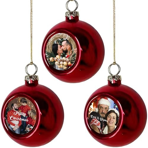 Packung mit 3 personalisierten Weihnachtskugeln mit Foto und Text. Origineller Weihnachtsschmuck. Xmas Deko. Weihnachtsdekoration. Exklusive Baumschmuck Christmas Tree Decoration