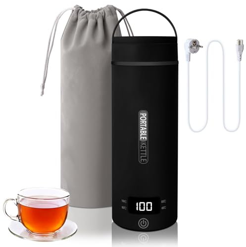 Hervidor de viaje Hervidor eléctrico pequeño de 0,5 litros para vacaciones, portátil, ligero, de acero inoxidable 316, potencia de 300 W, apagado automático para té/leche para bebés/café (negro)