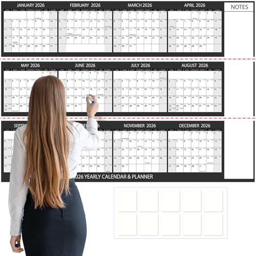 2026 Jumbo Oversized Wall Calendar 58x37in Wet Dry Erase 12 Month Annual Yearly Extra Large Wall Planner Gray Laminated Paper Wall Calendar with Note for School Home Office Planning,Cut into 3pcs