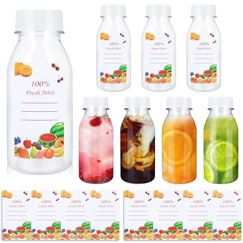 FORETOGO 8 Pieza Botellas de Jugo de Plástico 200ml,Transparente Botes Pequeños de Plastico con Tapa Blanca y 8 Pegatinas,Reutilizable Mini Botellas para Guardar Zumos,Agua y Bebidas | Botellas de plástico vacías reutilizables transparentes con tapa y 8 pegatinas botellas para llenar bebidas agua
