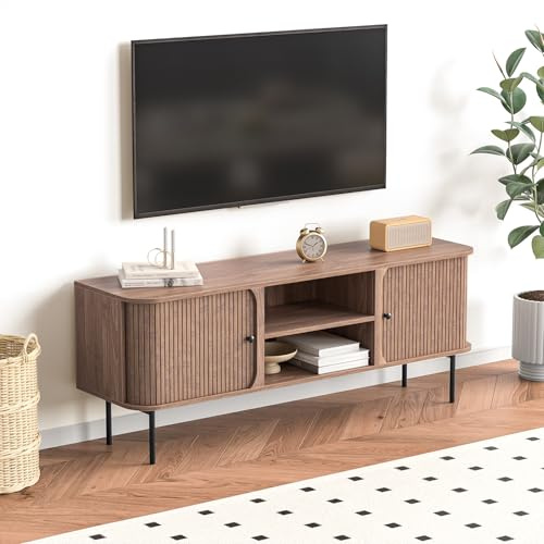 Skokliz TV Stand Cabinet for TVs up to 65 inch, Mid-Century Modern TV Console with 2 Tambour Door Storage, 150cm Long TV Cabinets for Living Room, Farmhouse tv units for for Bedroom, Walnut