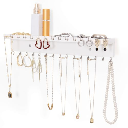 NIUBEST Porte-colliers mural avec 30 crochets, en chêne, organisateur de bijoux et rangement pour colliers, bracelets et bagues (blanc)