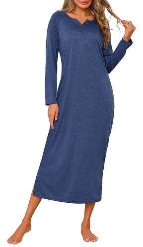 Jahetuul Camicia da Notte Donna Manica Lunga Camice Notte Scollo a V in Cotone Vestaglia Donna Invernale Caldo Comodo Tinta Unita Abbigliamentoda Casa