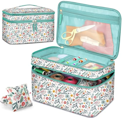 FINPAC Nähzubehör Organizer Tasche, Doppel-Schicht Aufbewahrungstasche | mit Nadelkissen für Fäden, Nadeln, Stickgarnzubehör, Filzsets, Tasche für Nähset, Nähzeug Tragetasche, Frühling
