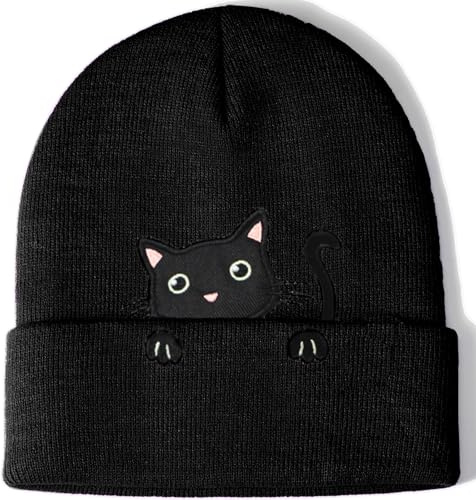 Aretas Katze Katzen Mütze Beanie Hut Gesckenke für Damen Frauen Mädchen Katzen Cat Deko Geschenk Katzenliebhaber Christmas Decorations Schwarz
