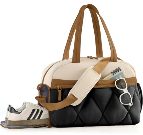 Lekespring Sporttasche für Damen, Puffer-Reisetasche/Duffelbag mit Schuhfach und Nasstasche, Handgepäck-Tragetasche für Wochenende, Übernachtung, Sport, Beige und Braun, Large, Leichtgewichtig