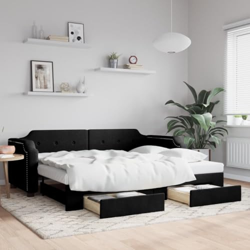 Ordellia Utdragbar dagsäng med lådor, svart 100 x 200 cm, tygöverdrag, bäddsoffa för gästrum, möbler