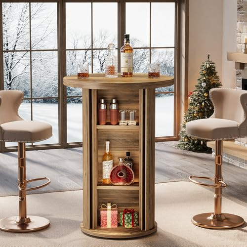 Tribesigns Round Bar Table, 35.4 Rustic Cocktail Table with 3-Tier Hidden Storage Shelves, High Top Bistro Pub Table with Slide Door for Small Spaces, Kitchen, Parties (1, Brown)