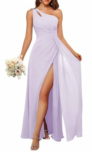 KIYNE Vestido de dama de honor con un hombro descubierto, sin mangas, plisado, de gasa, vestido de noche formal, Lila, 42