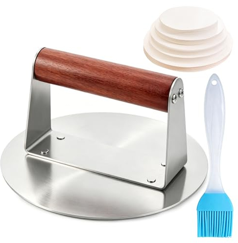 Eudomis Burgerpresse aus 304 Edelstahl, 16cm Schweres Gewicht mit Holzgriff, Edelstahl Burger Smasher, Hamburgerpresse für Fleisch, Patty, Steak, Bacon, Wurst, Professionelles Barbecue Zubehör