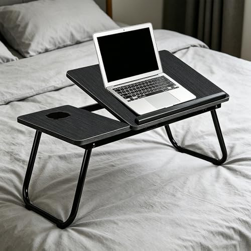 HUOLE Laptopbord, frukostbricka för säng, datorstativ, bambusängbord, datorskrivbord, 56 x 33 x 24 cm (svart)
