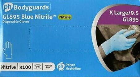 Polyco GL8905 Bodyguards Disposable Gloves, Nitrile, Powder Free, X-Large, Blue, 100 Pieces
