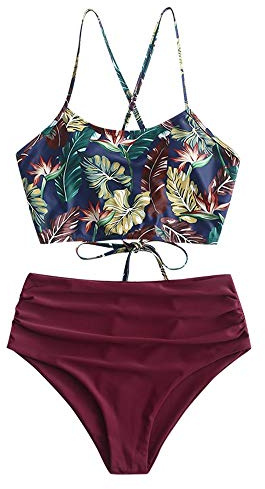 ZAFUL Tankini Set Imbottito Stampa di Foglia Annodato sulla Schiena Slip Vita Alta per Donna 2019 (Rosso, XL (EU.42))