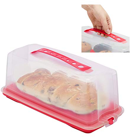 Relaxdays Kuchenbox eckig, Tragegriff, mit Deckel, für Kastenkuchen, Kuchenbutler, HBT 15 x 37 x 16 cm, rot/transparent