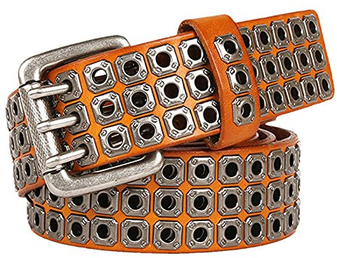 YDYBY Herren Damen 3 Reihen Nieten Echtleder Gürtel Punk Rock Style Nietengürtel für Oder Gothic-Outfits 105cm - 125cm Länge,Orange,125CM