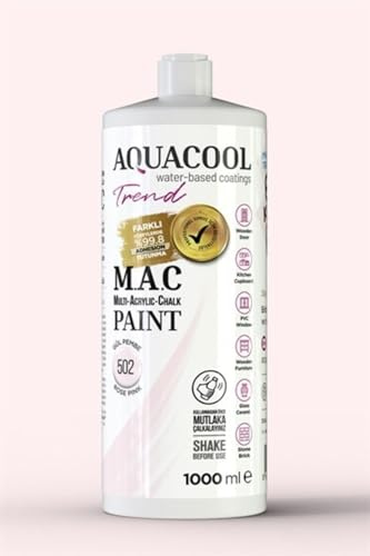 AquaCool - Pintura multisuperficie, acrílico, tiza, mate, secado rápido, para uso interior y exterior en muebles, madera, plástico, vidrio, cerámica, piedra (1000 ml, rosa rosa 502)