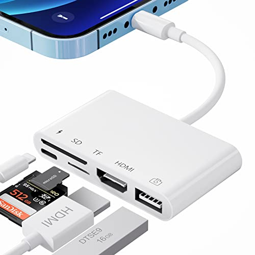 Adaptador iPhone a HDMI, 5 en 1 Adaptador SD iPhone con HDMI Pantalla de Sincronización, SD/TF Lector de Tarjetas y Puerto de Carga, Adaptador USB a iPhone Compatible con iPhone 14/13/12/Keyboard/TV