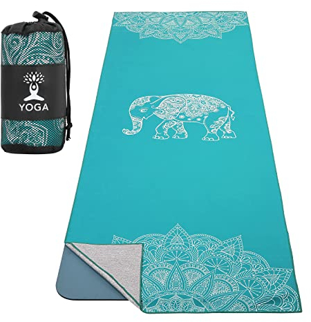 MoKo Yogamatten Handtuch, rutschfest Yoga Handtuch Auflage für Yogamatte Schweißabsorbierend Saugfähig Schnelltrocknend Yogatuch für Pilates Hot Yoga Picknick im Freien - Seeblau/Elefant