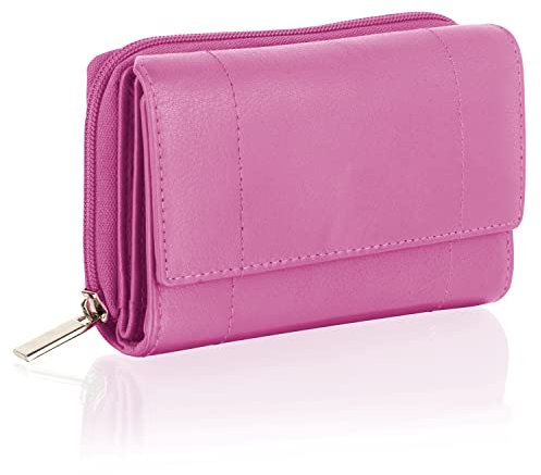 Woodland Leathers Purses for Women, Real Leather RFID Protection Small Purse Wallet with Card and Zip Coin Pockets (Fuchsia)