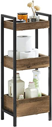 SoBuy Badezimmerschrank mit 3 stabilen Regalen Badschrank schmal aus MDF, Kommode Badezimmermöbel bis 30kg Tragkraft, Badregal stehend in Holzfarben für kleine Bäder 28x20x74cm FRG226-F