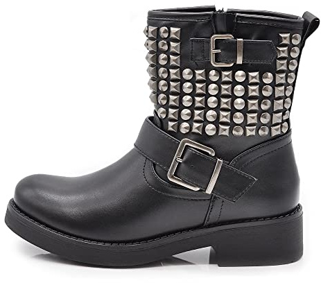 IF Stivaletti Da Donna Caviglia Anfibi Motociclista Biker Fibbia Borchie 8081A RQ56 nero N.39