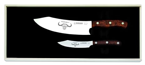 Giesser 2er Set Kochmesser Gemüsemesser Fleischmesser Profimesser scharfes Messer Messerset Premium Cut Set No.II Tree of Life BBQ Thuja Wurzelholz Spezialstahl knife braun