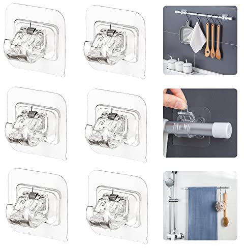 Curtain Rod Brackets Closet Shower Curtain Rods Wall Holder Hangers Hooks No Drill Adhesive, 6 Pcs Transparent